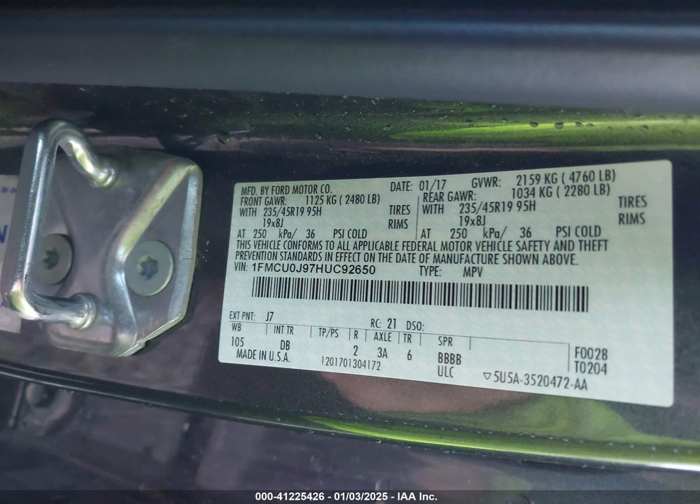 2017 FORD ESCAPE TITANIUM VIN: 1FMCU0J97HUC92650