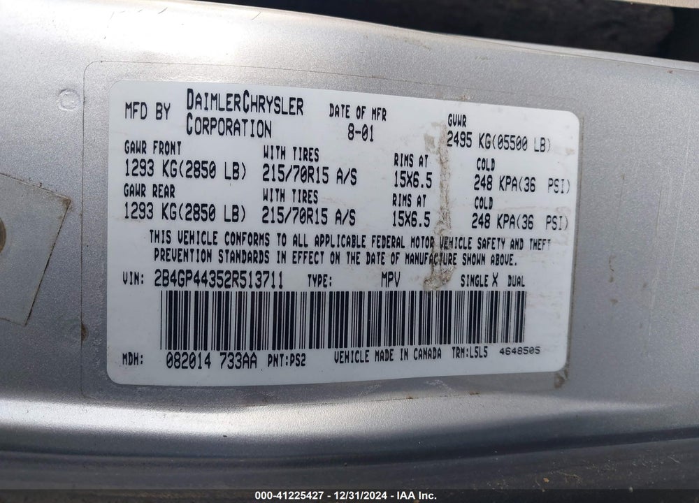 2002 DODGE GRAND CARAVAN SPORT VIN: 2B4GP44352R513711