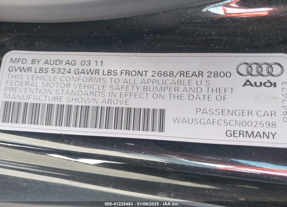 2012 AUDI A7 PREMIUM VIN: WAUSGAFC5CN002598