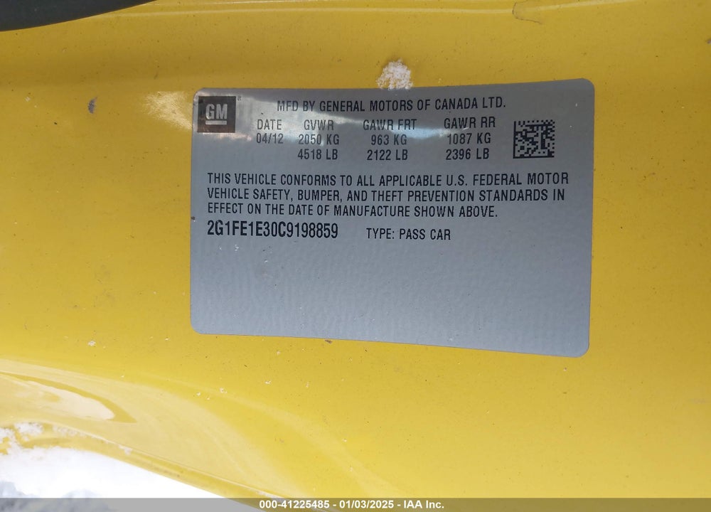 2012 CHEVROLET CAMARO VIN: 2G1FE1E30C9198859
