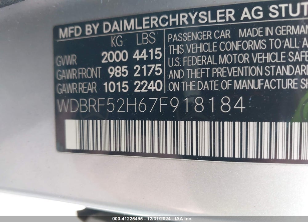 2007 MERCEDES-BENZ C 230 VIN: WDBRF52H67F918184