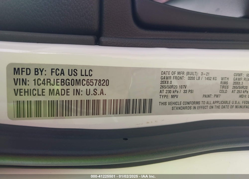 2021 JEEP GRAND CHEROKEE LIMITED X 4X2 VIN: 1C4RJEBG0MC657820