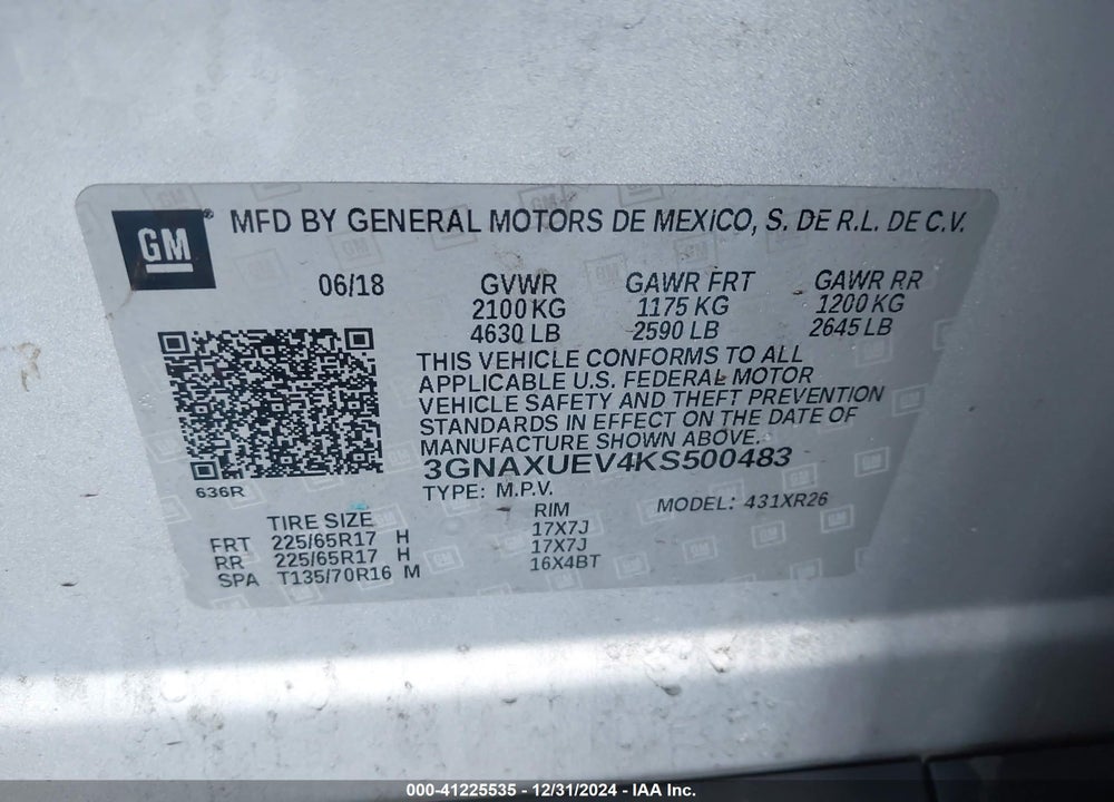 2019 CHEVROLET EQUINOX LT VIN: 3GNAXUEV4KS500483