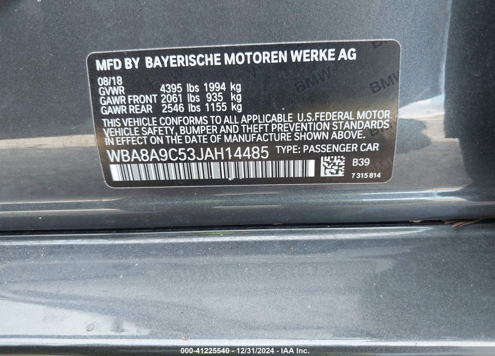 2018 BMW 320I VIN: WBA8A9C53JAH14485