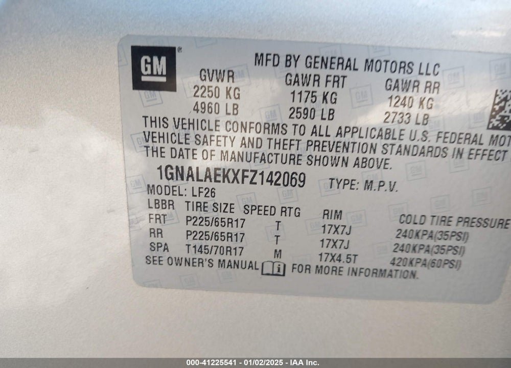 2015 CHEVROLET EQUINOX LS VIN: 1GNALAEKXFZ142069