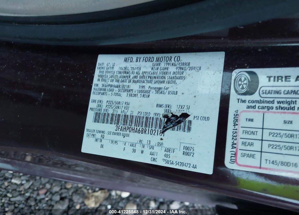 2011 FORD FUSION SE VIN: 3FAHP0HA6BR102181