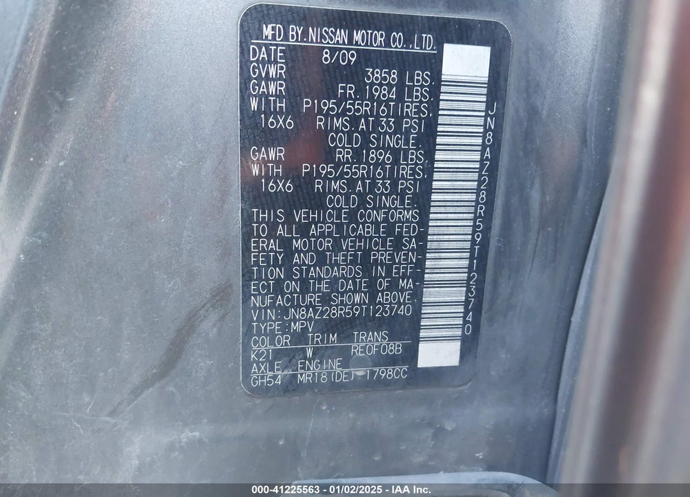 2009 NISSAN CUBE 1.8SL VIN: JN8AZ28R59T123740