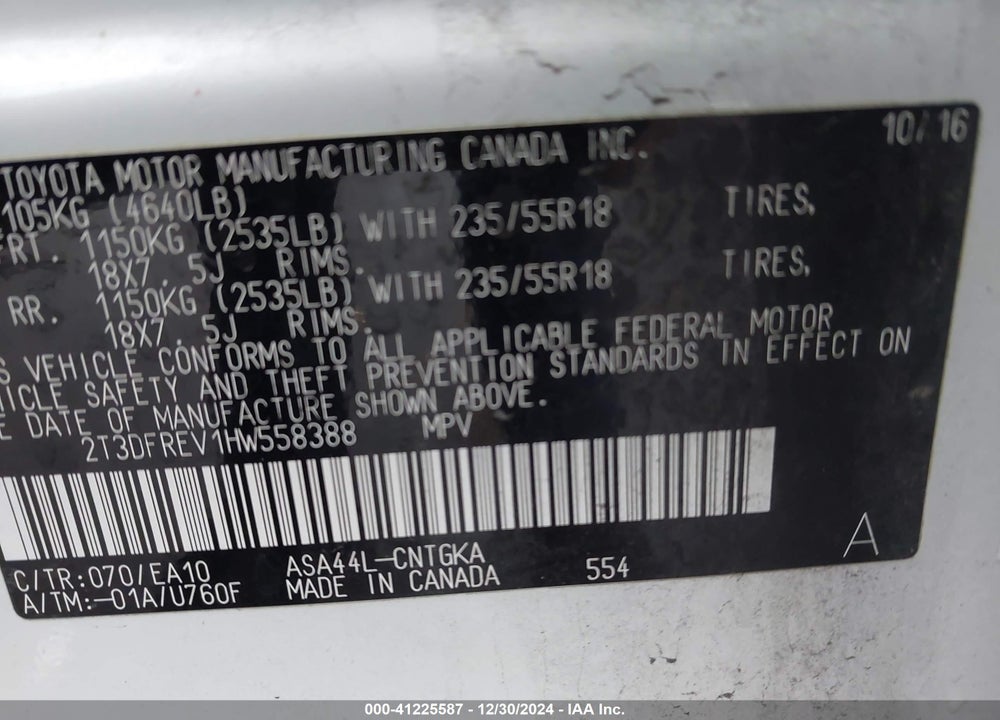 2017 TOYOTA RAV4 PLATINUM VIN: 2T3DFREV1HW558388