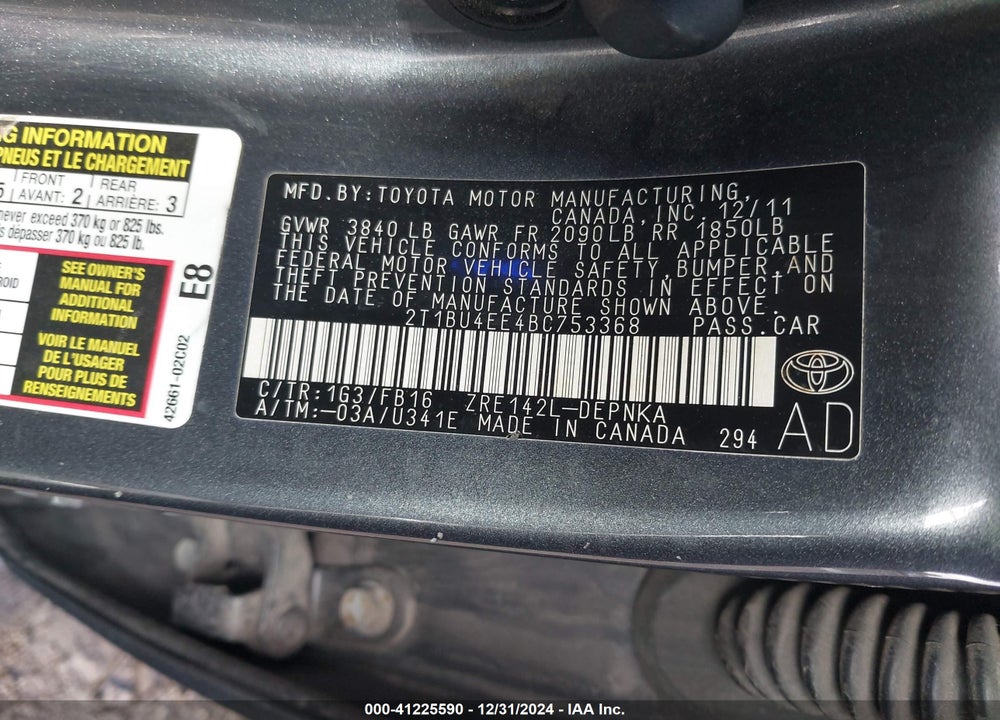 2011 TOYOTA COROLLA LE VIN: 2T1BU4EE4BC753368