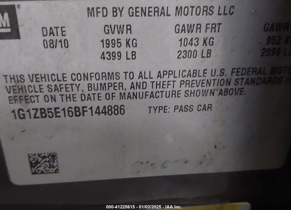 2011 CHEVROLET MALIBU VIN: 1G1ZB5E16BF144886