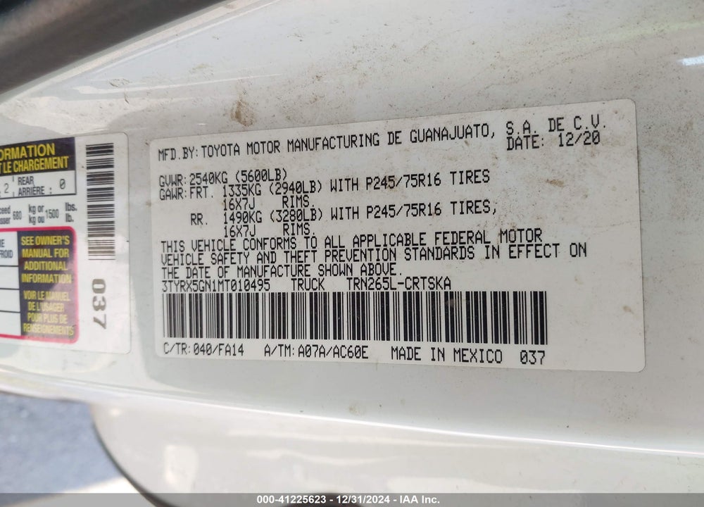 2021 TOYOTA TACOMA SR VIN: 3TYRX5GN1MT010495