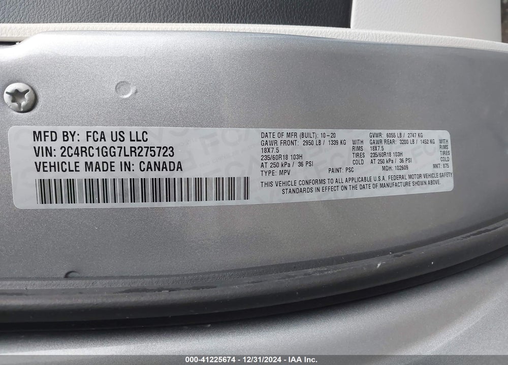 2020 CHRYSLER PACIFICA LIMITED VIN: 2C4RC1GG7LR275723