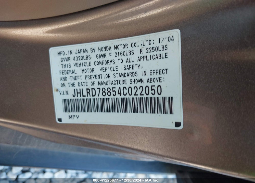 2004 HONDA CR-V EX VIN: JHLRD78854C022050