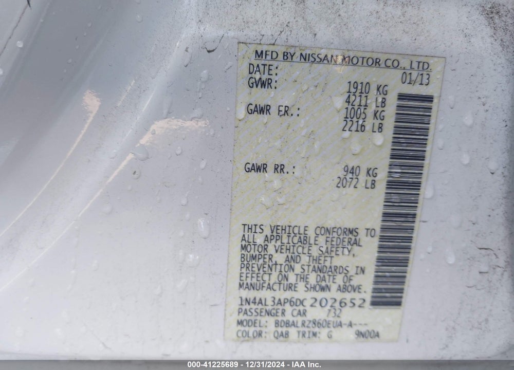 2013 NISSAN ALTIMA 2.5 S VIN: 1N4AL3AP6DC202652
