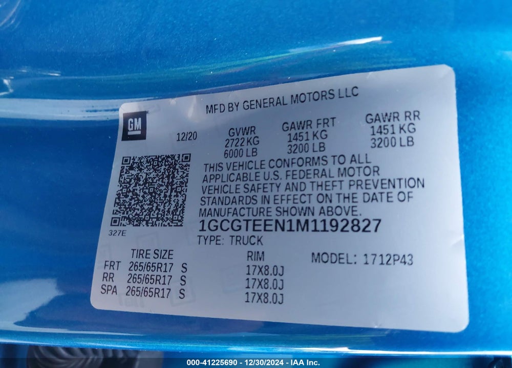 2021 CHEVROLET COLORADO VIN: 1GCGTEEN1M1192827