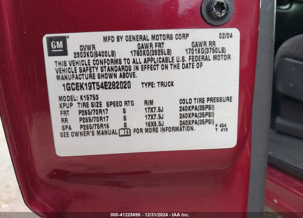 2004 CHEVROLET SILVERADO 1500 Z71 VIN: 1GCEK19T54E282020