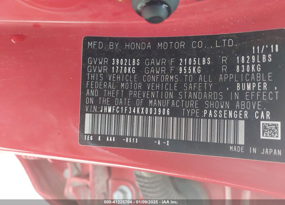 2019 HONDA CIVIC VIN: JHMFC1F34KX003906
