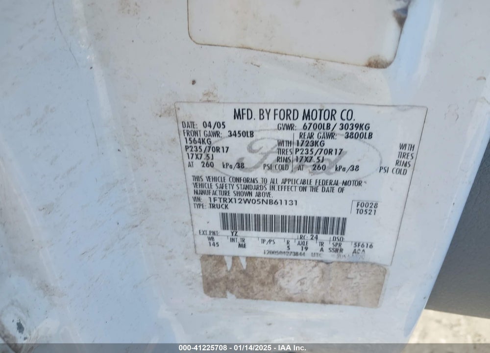 2005 FORD F-150 STX/XL/XLT VIN: 1FTRX12W05NB61131