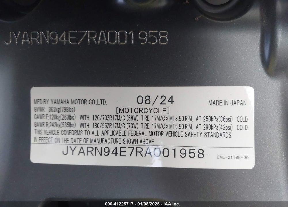 2024 YAMAHA MT09 VIN: JYARN94E7RA001958