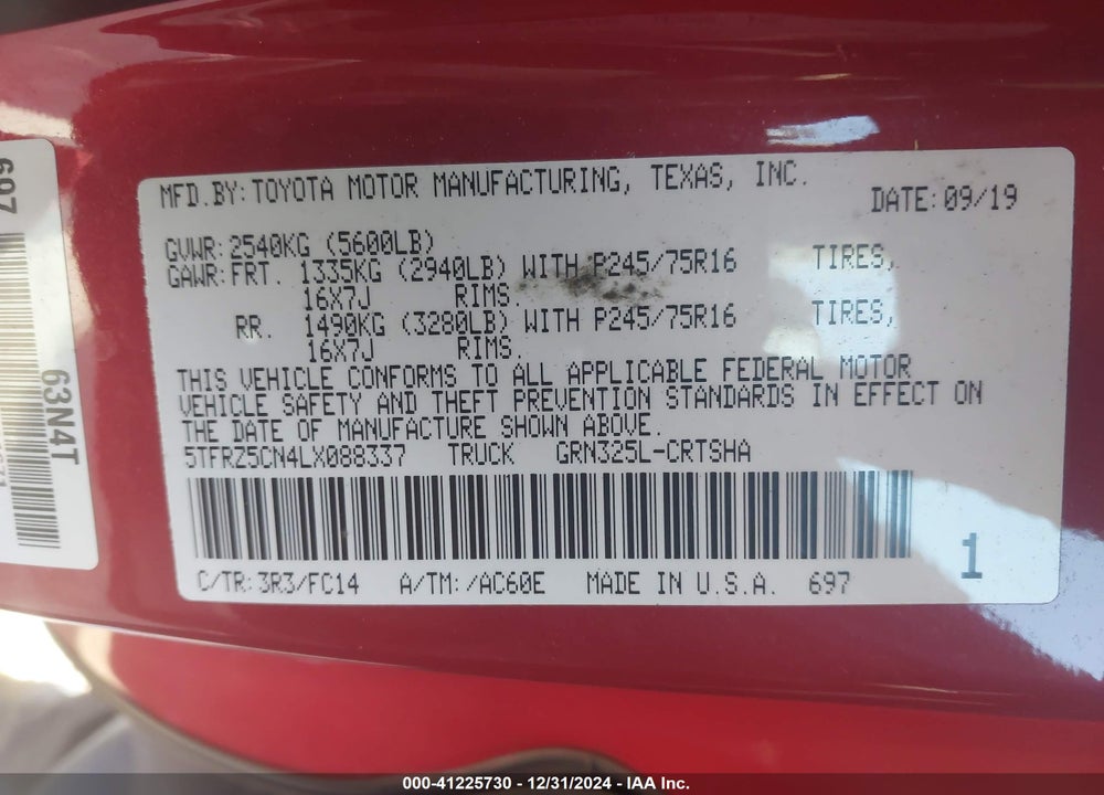 2020 TOYOTA TACOMA VIN: 5TFRZ5CN4LX088337