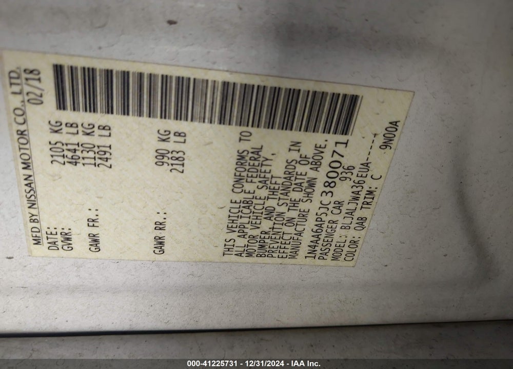 2018 NISSAN MAXIMA VIN: 1N4AA6AP5JC380071