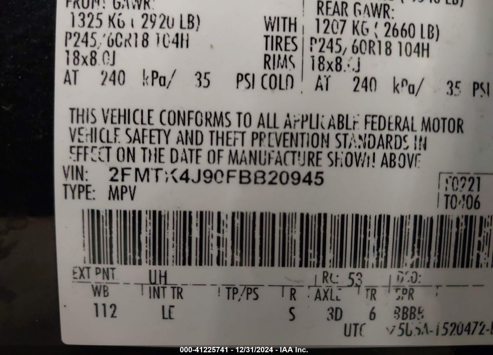 2015 FORD EDGE SEL VIN: 2FMTK4J90FBB20945