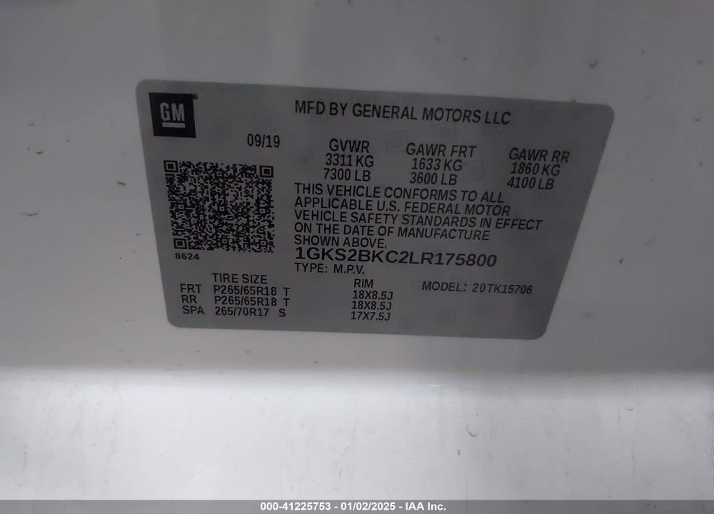 2020 GMC YUKON VIN: 1GKS2BKC2LR175800