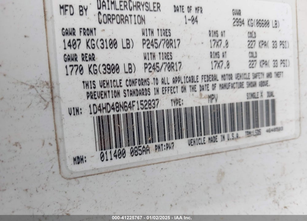 2004 DODGE DURANGO SLT VIN: 1D4HD48N64F152837