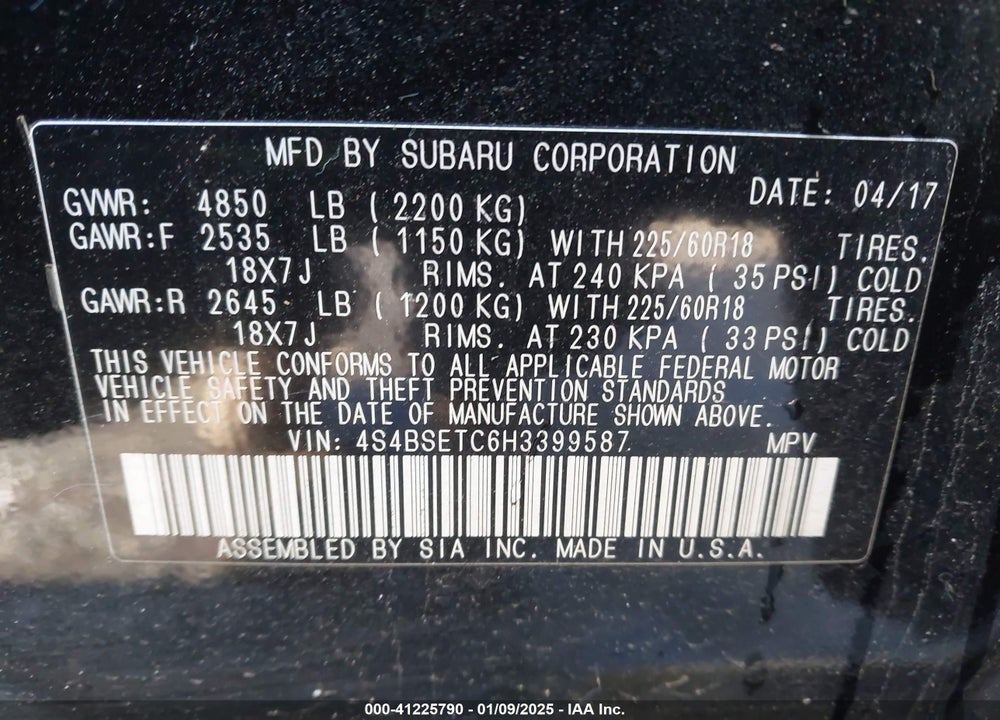 2017 SUBARU OUTBACK TOURING VIN: 4S4BSETC6H3399587