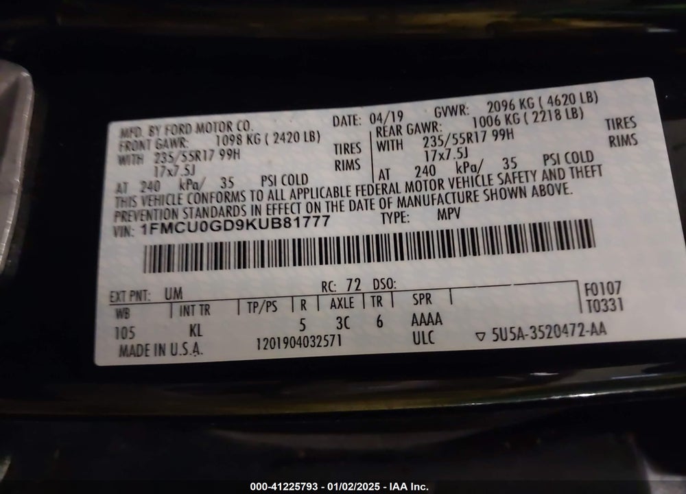 2019 FORD ESCAPE VIN: 1FMCU0GD9KUB81777