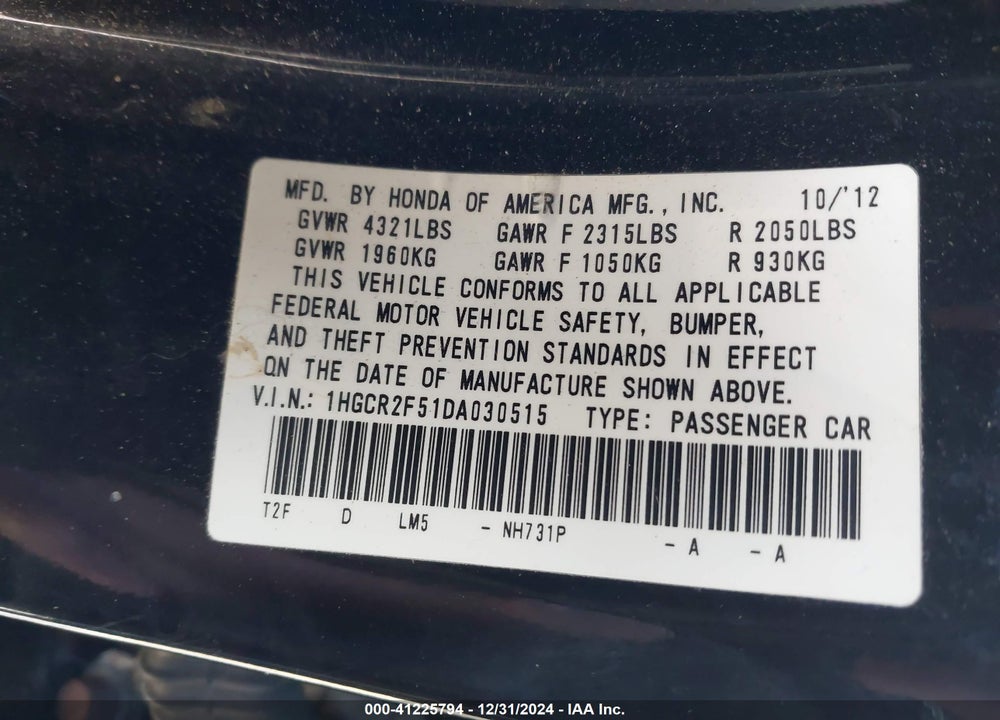 2013 HONDA ACCORD VIN: 1HGCR2F51DA030515