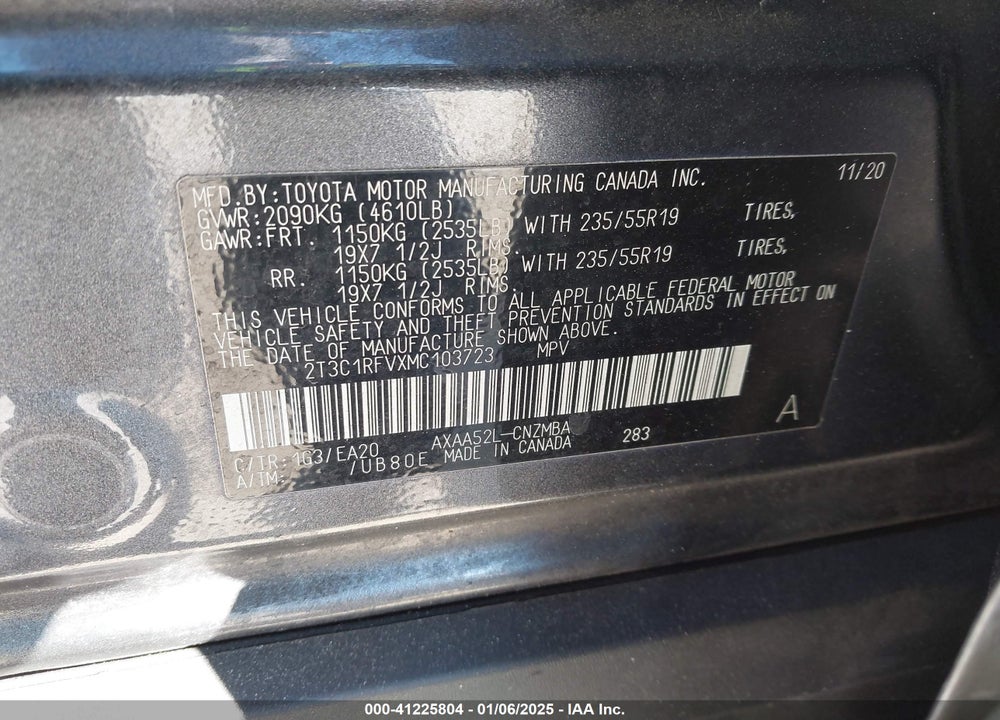 2021 TOYOTA RAV4 XLE PREMIUM VIN: 2T3C1RFVXMC103723