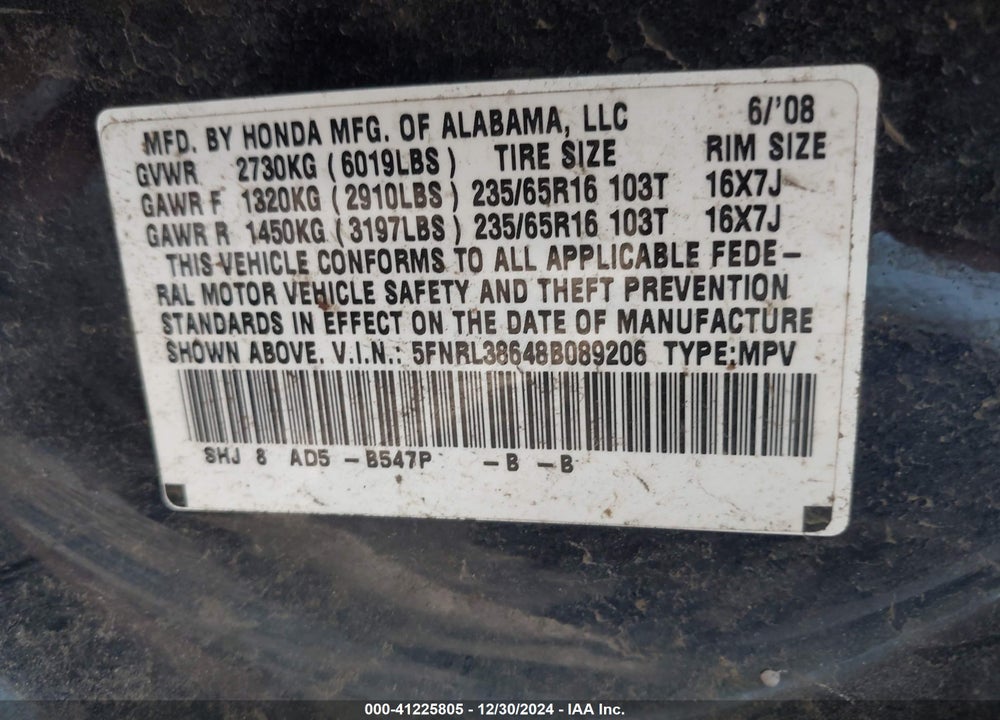 2008 HONDA ODYSSEY EX-L VIN: 5FNRL38648B089206