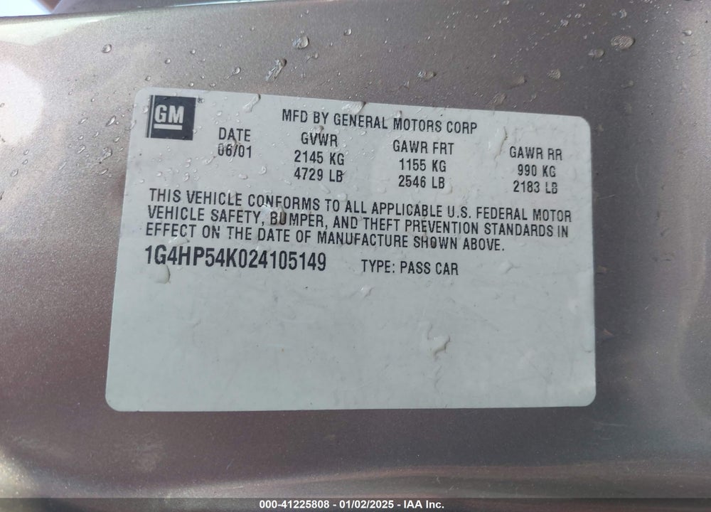 2002 BUICK LESABRE CUSTOM VIN: 1G4HP54K024105149