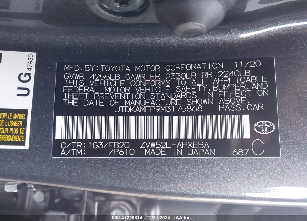 2021 TOYOTA PRIUS PRIME LE VIN: JTDKAMFP9M3175868