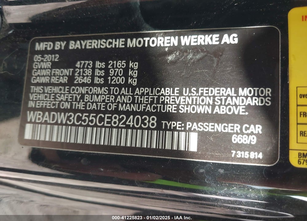 2012 BMW 3 SERIES 328I VIN: WBADW3C55CE824038