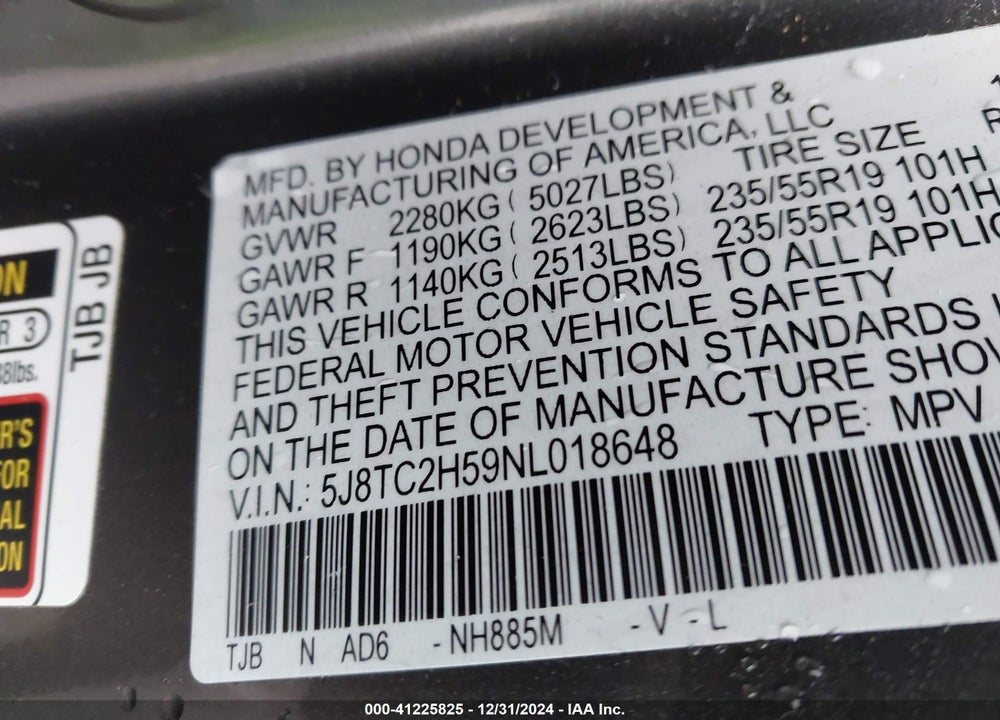 2022 ACURA RDX TECHNOLOGY PACKAGE VIN: 5J8TC2H59NL018648
