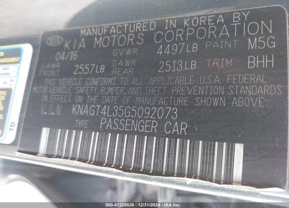 2016 KIA OPTIMA LX VIN: KNAGT4L35G5092073