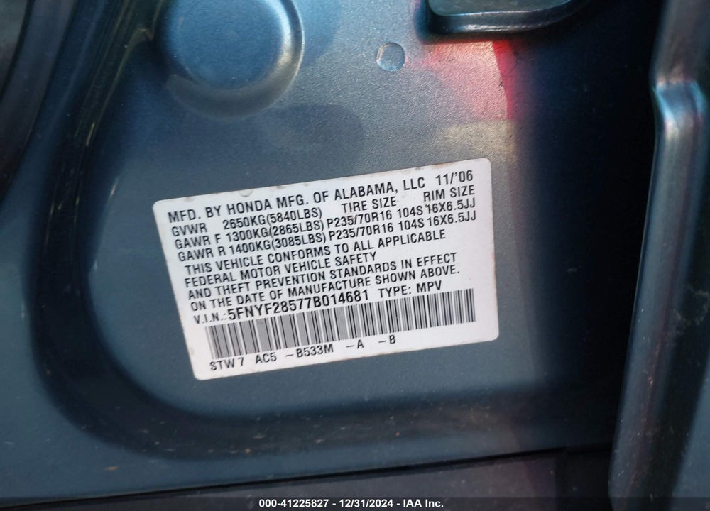 2007 HONDA PILOT EX-L VIN: 5FNYF28577B014681