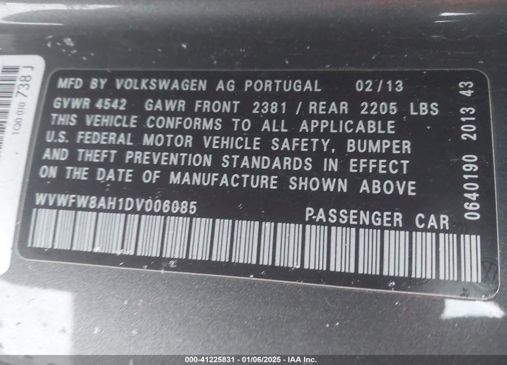 2013 VOLKSWAGEN EOS VIN: WVWFW8AH1DV006085