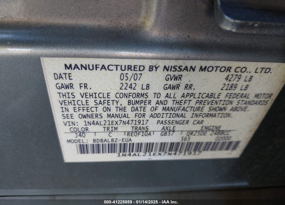 2007 NISSAN ALTIMA 2.5 S VIN: 1N4AL21EX7N471917