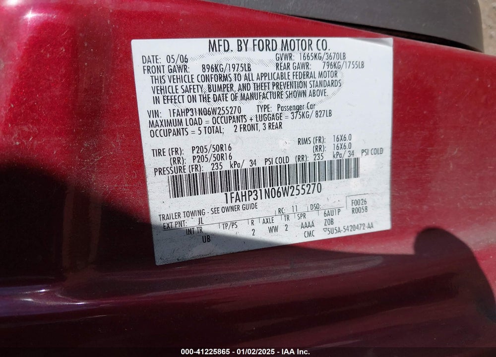 2006 FORD FOCUS ZX3 VIN: 1FAHP31N06W255270