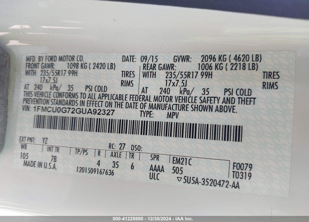 2016 FORD ESCAPE SE VIN: 1FMCU0G72GUA92327