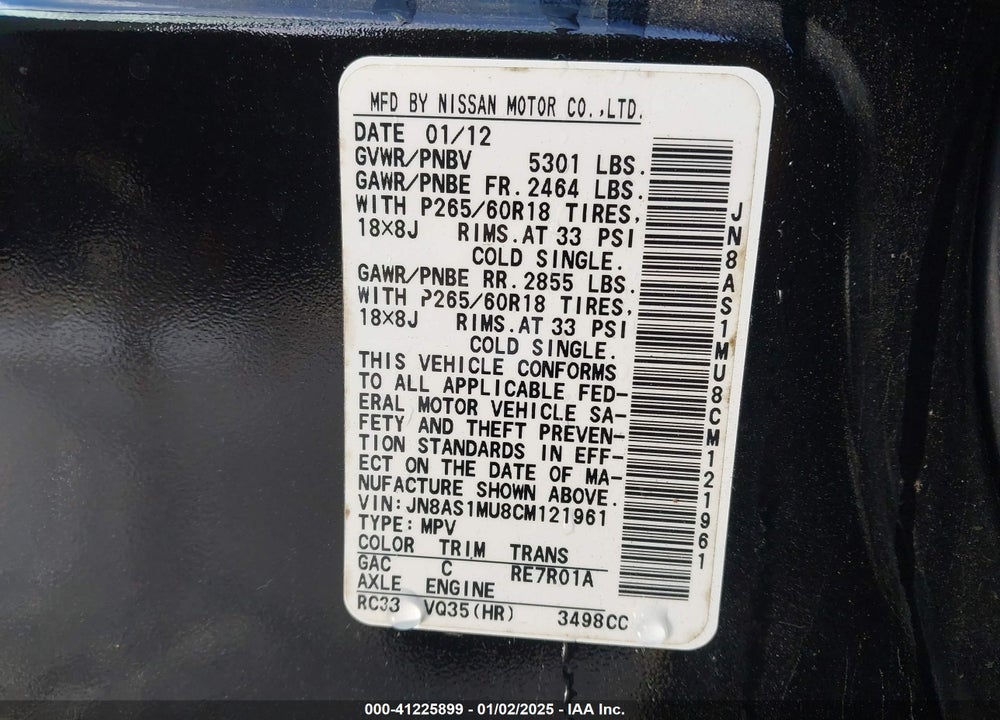 2012 INFINITI FX35 VIN: JN8AS1MU8CM121961