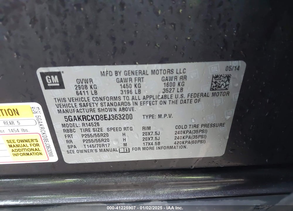 2014 BUICK ENCLAVE PREMIUM VIN: 5GAKRCKD8EJ363200