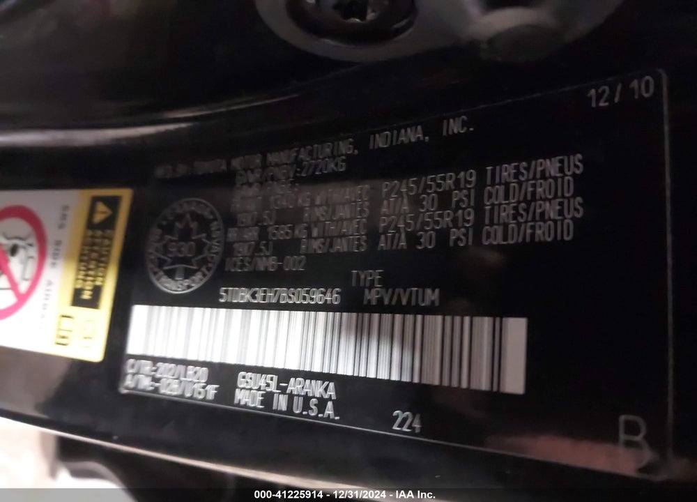 2011 TOYOTA HIGHLANDER V6 VIN: 5TDBK3EH7BS059646