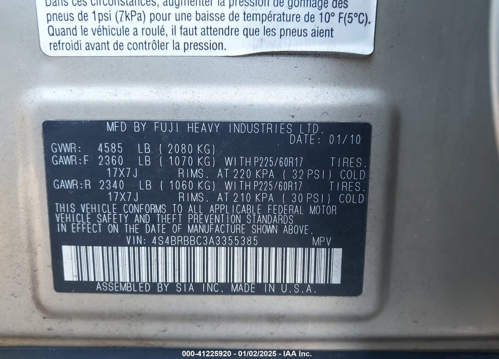 2010 SUBARU OUTBACK 2.5I PREMIUM VIN: 4S4BRBBC3A3355385