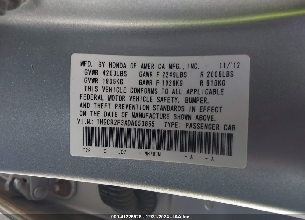 2013 HONDA ACCORD LX VIN: 1HGCR2F3XDA053855