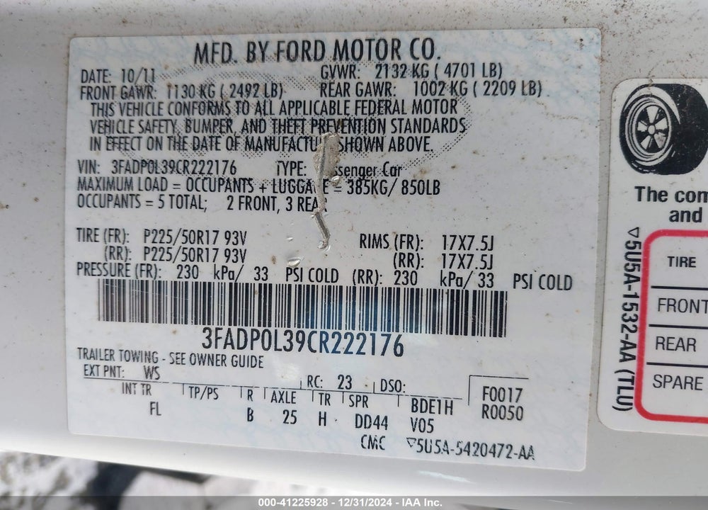 2012 FORD FUSION HYBRID VIN: 3FADP0L39CR222176