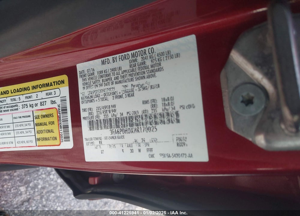 2017 FORD FUSION SE VIN: 3FA6P0HDXHR170025